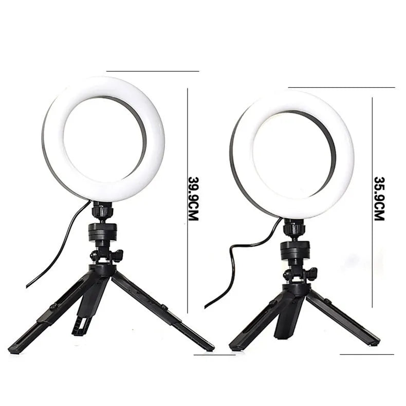 Black mobile live streaming bracket with adjustable fill light mounted on desktop tripod for smartphones