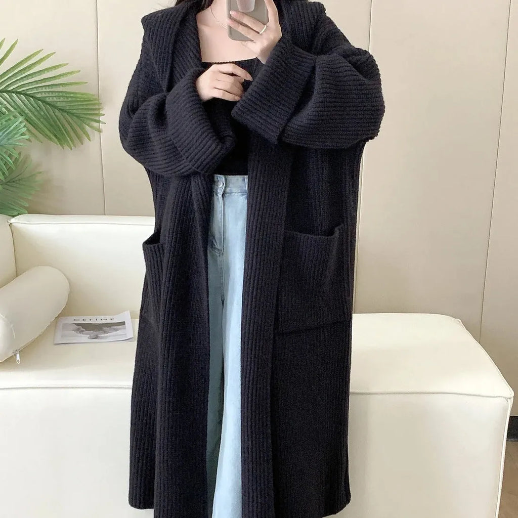 Women's loose hooded cardigan coat in extended 80cm length with raglan sleeves