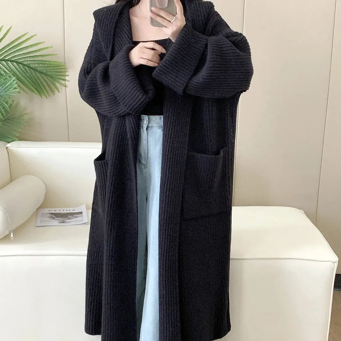 Women's loose hooded cardigan coat in extended 80cm length with raglan sleeves