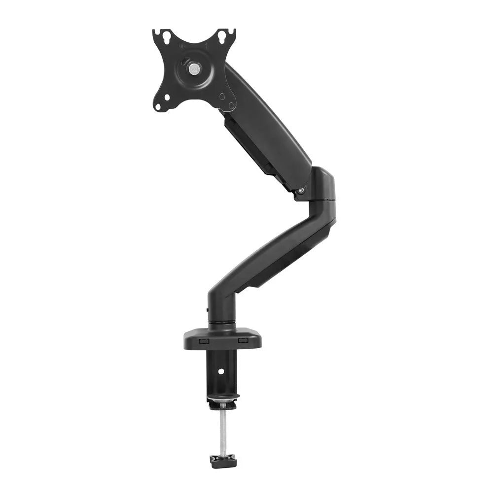 Black rotating telescopic bracket elevating an LCD screen on a desk