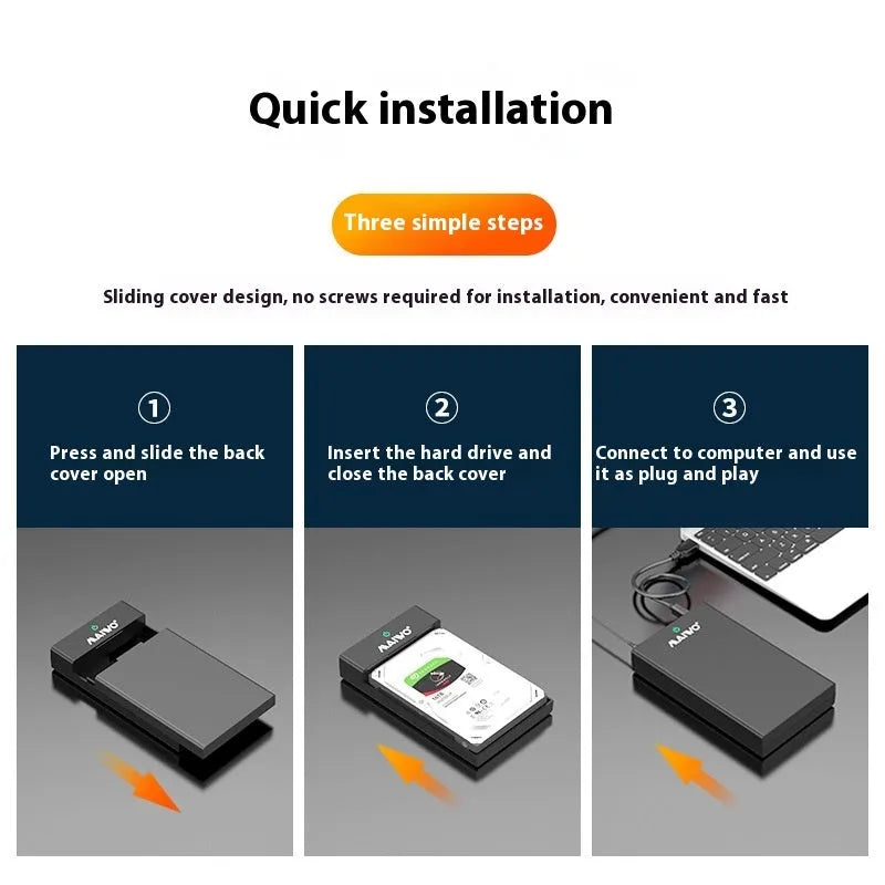 3.5 inch USB 3.0 SATA hard disk box with power supply and cable for 14TB drives in black silver colour