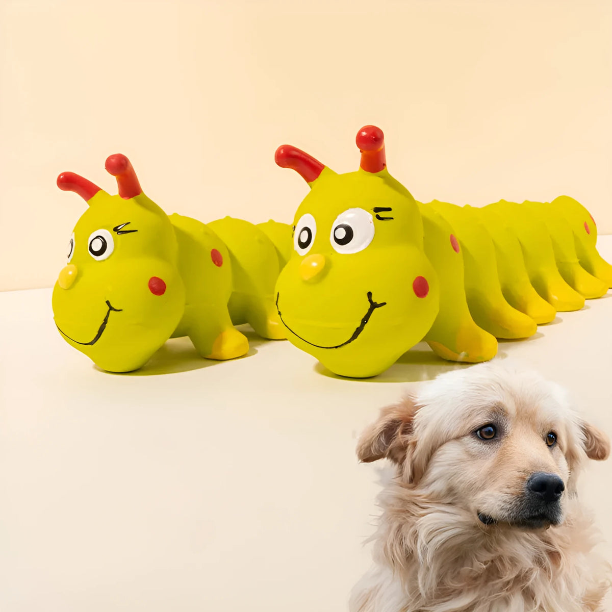 Yellow caterpillar-shaped rubber dog toy with squeaker for small and medium dogs
