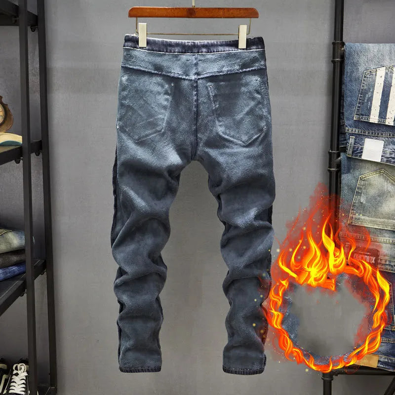 Men's slim-fit skinny jeans in dark blue and light blue cotton denim with mid waist design