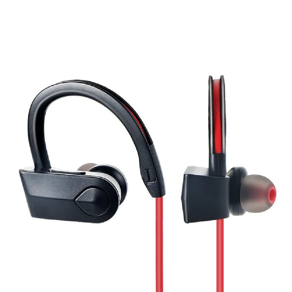 Wireless neckband Bluetooth earphones in black colour showing earpieces and neck-mounted design