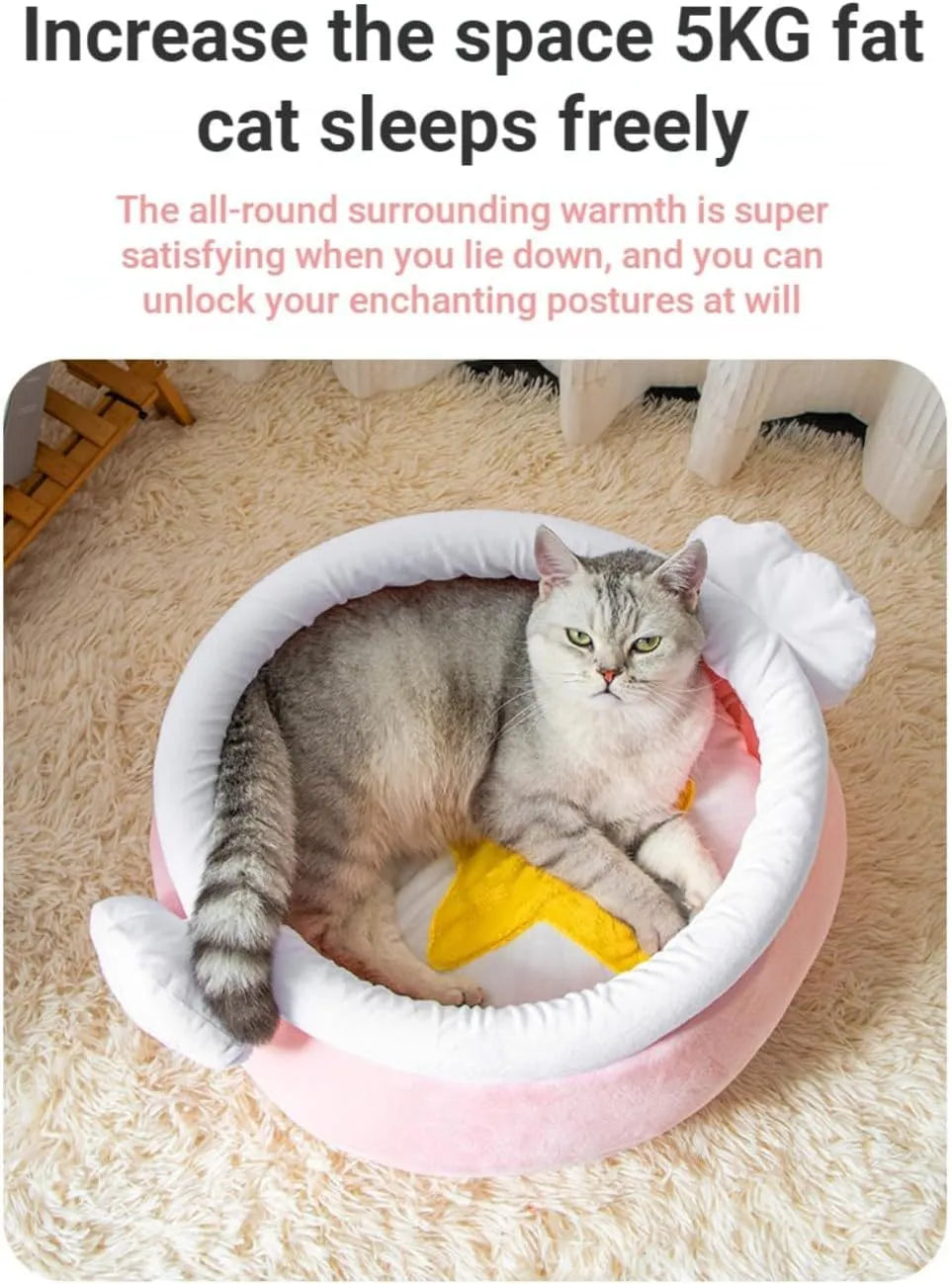 Pink and yellow honey pot shaped cat sofa bed with a soft fabric exterior and large interior space for pets.