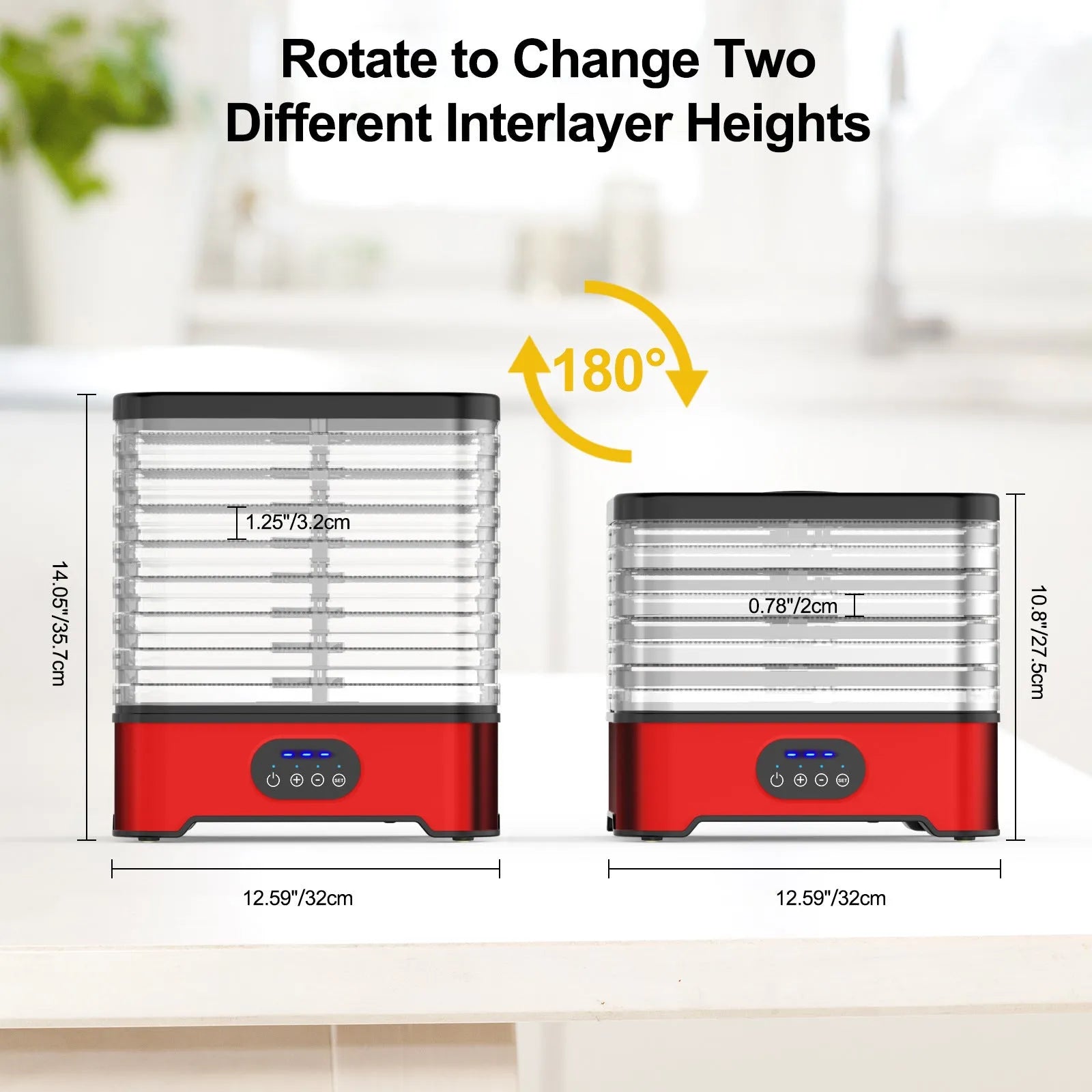 Silver household food dehydrator with eight stacking trays showing temperature controls and ventilation