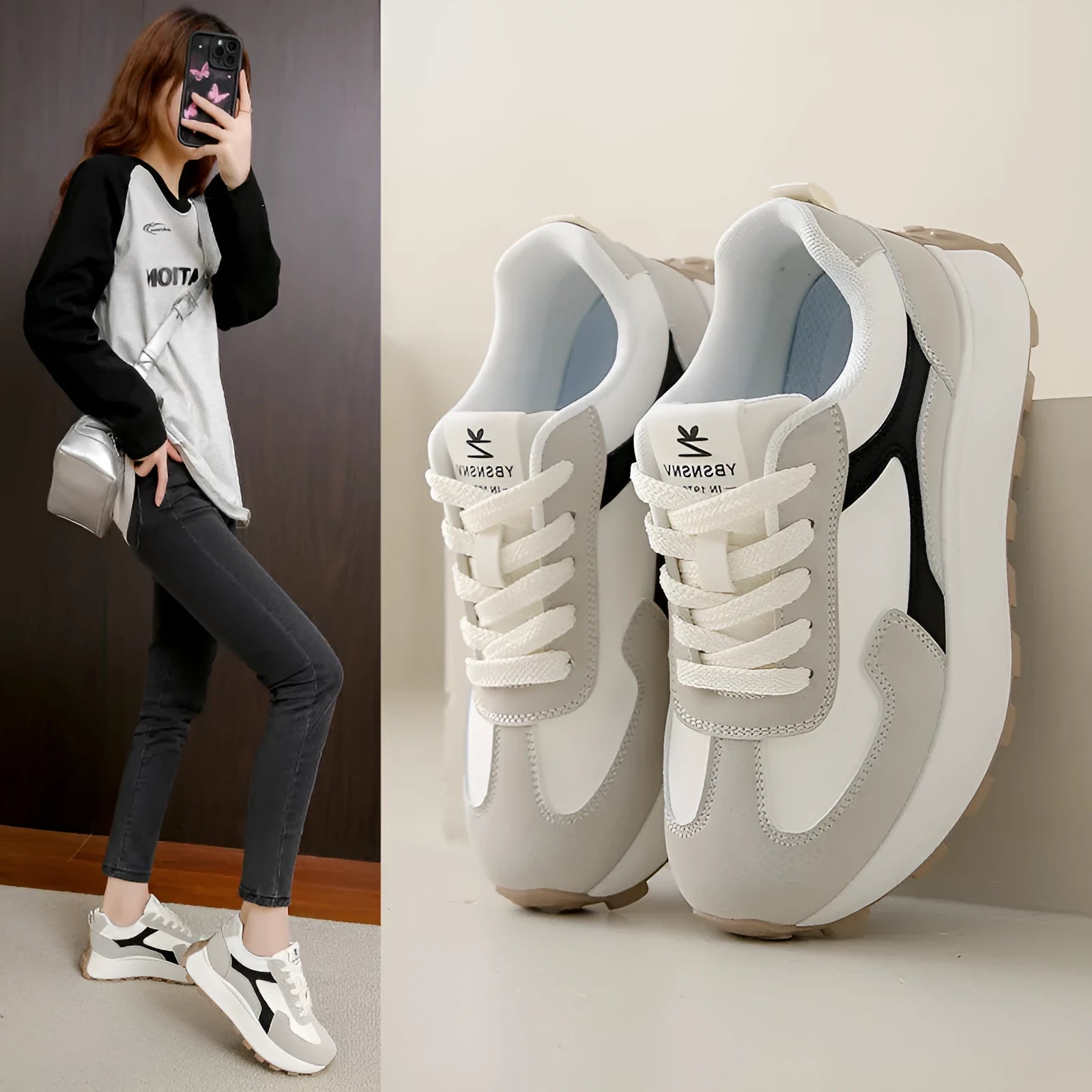 Women's solid colour low-top platform sports shoes with lace-up front and rubber sole.