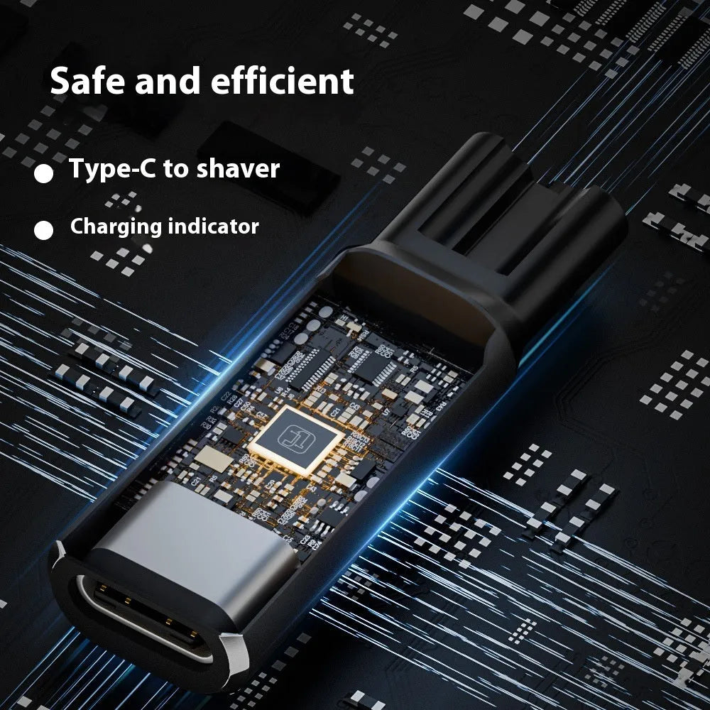 Black USB-C charging adapter for electric shavers with aluminum alloy construction