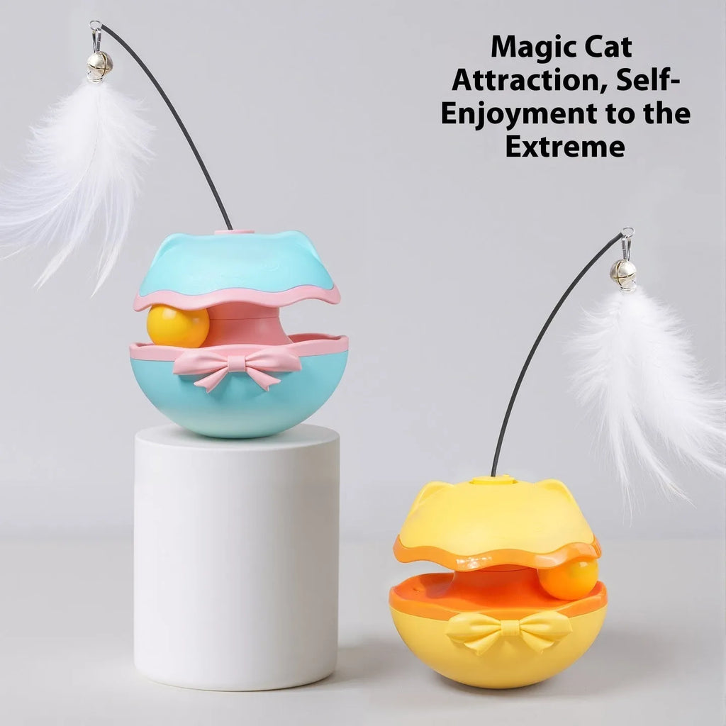 Electric cat toy tumbler with plastic teaser wand in lemon yellow colour