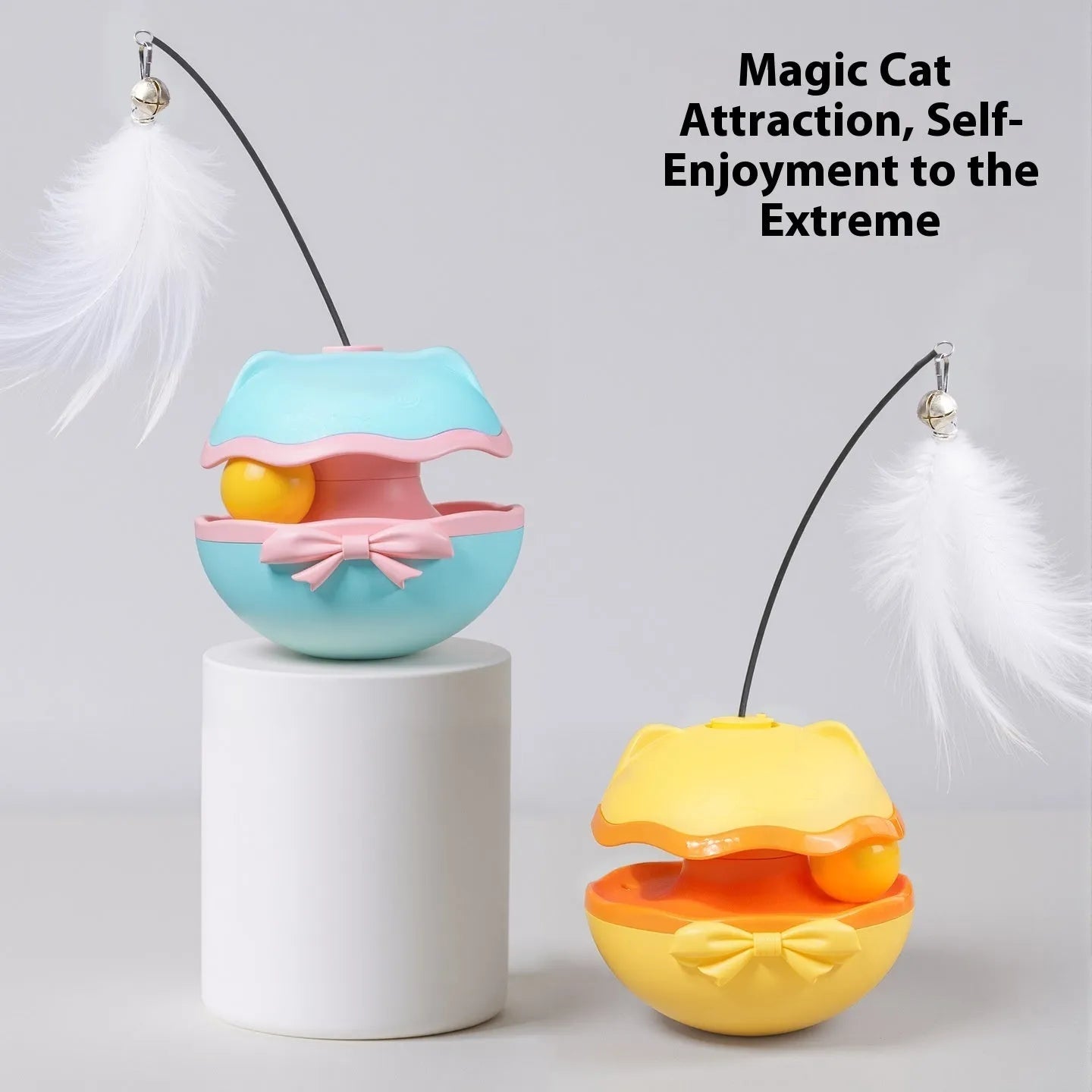 Electric cat toy tumbler with plastic teaser wand in lemon yellow colour