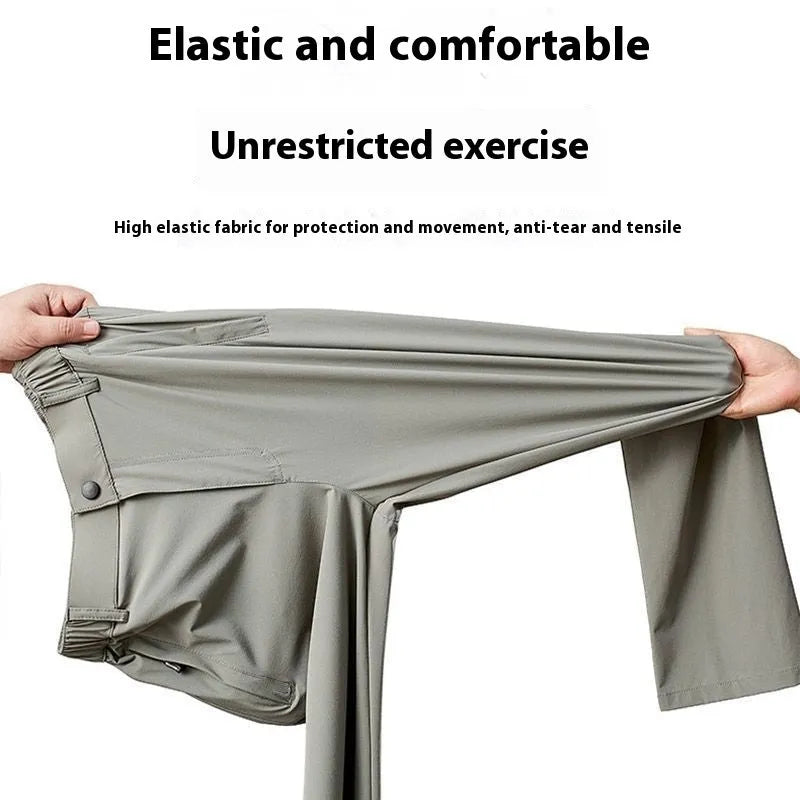 Men's straight-leg ice silk trousers in black colour with elastic waistband for casual wear