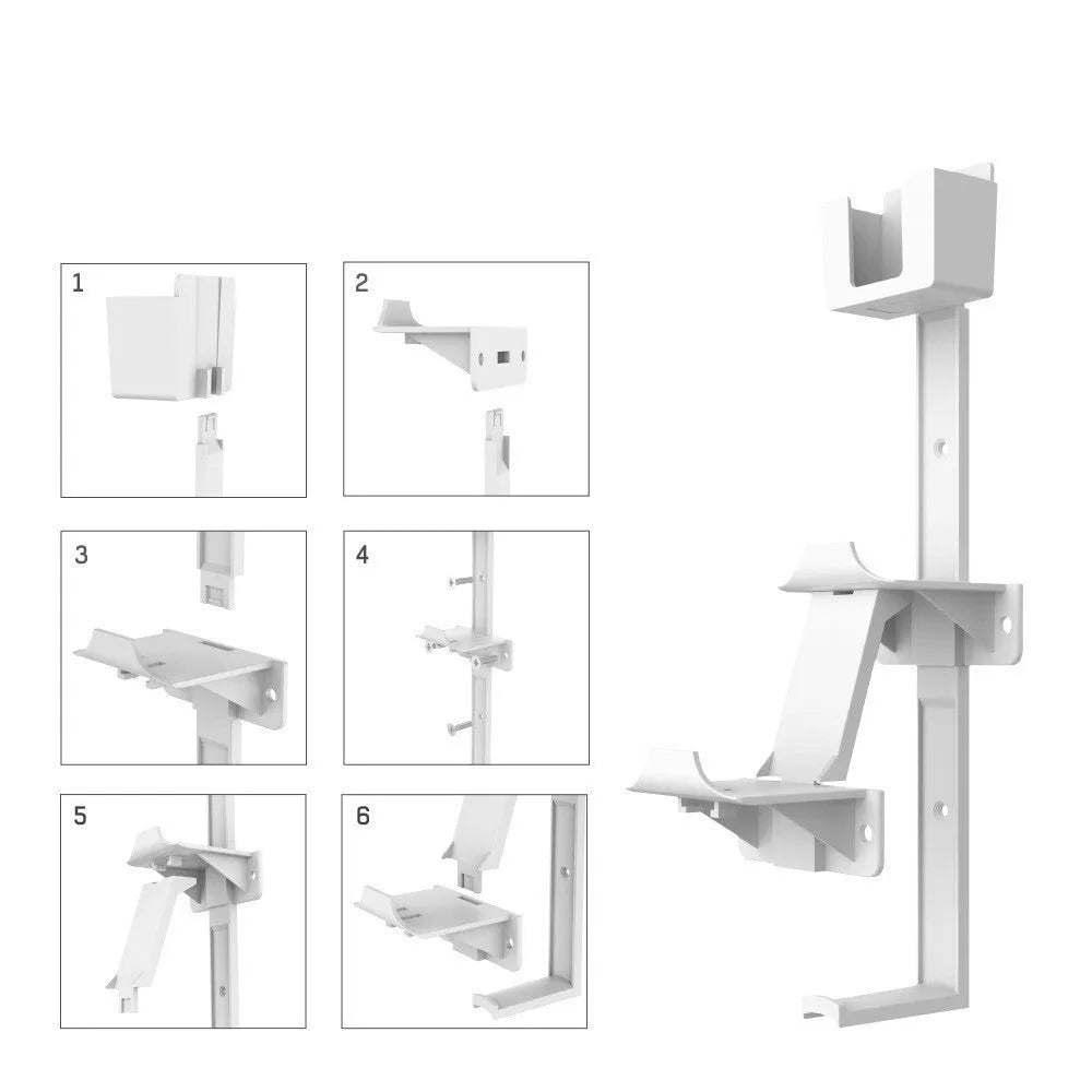 White ABS plastic wall hook holding a PS5 controller and headphones