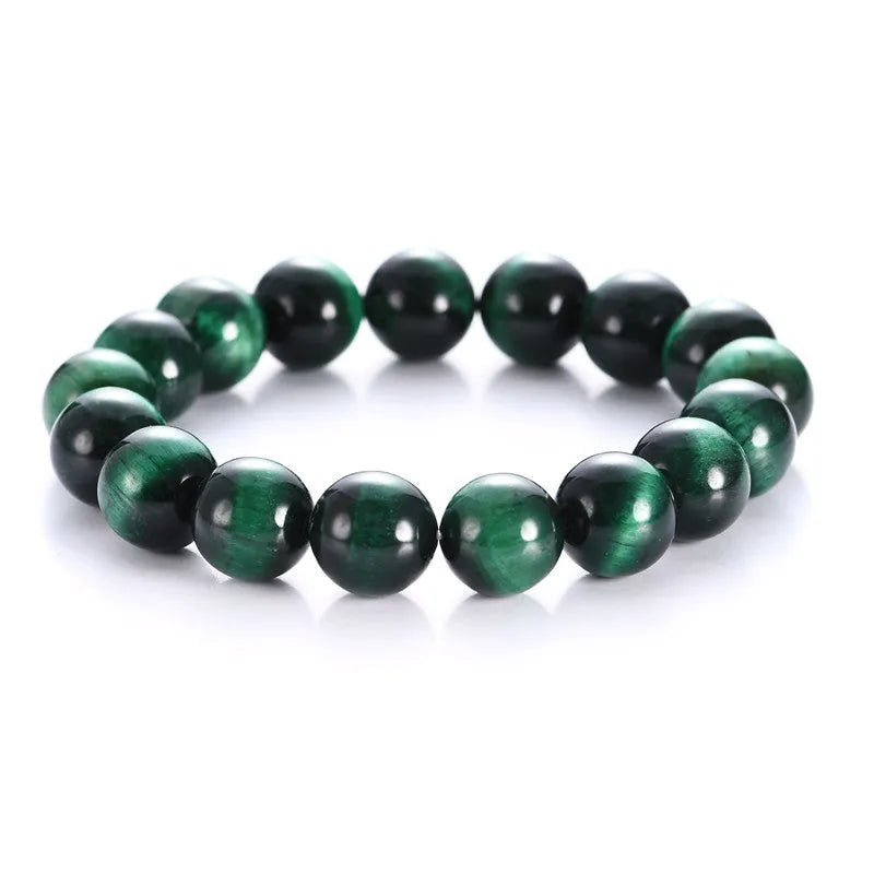 A polished green tiger eye stone bracelet with geometric beads, shown in various size options.