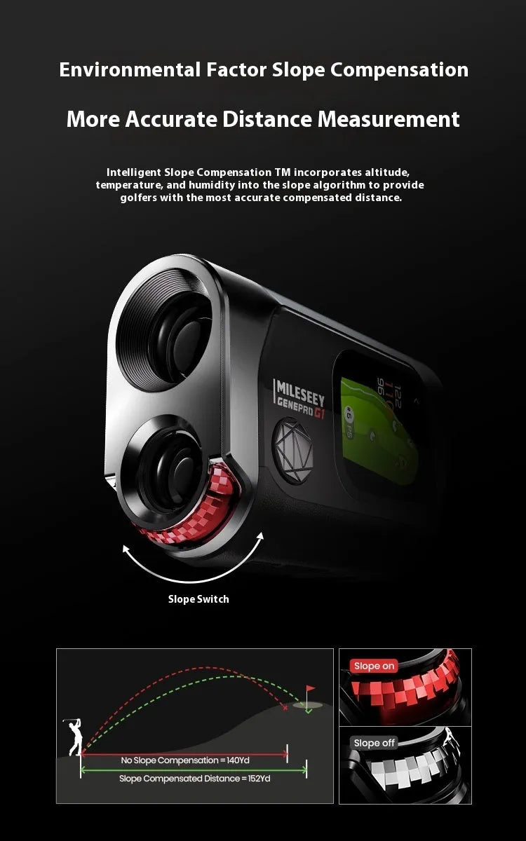 Black GPS golf rangefinder with AMOLED touch screen showing distance measurement display