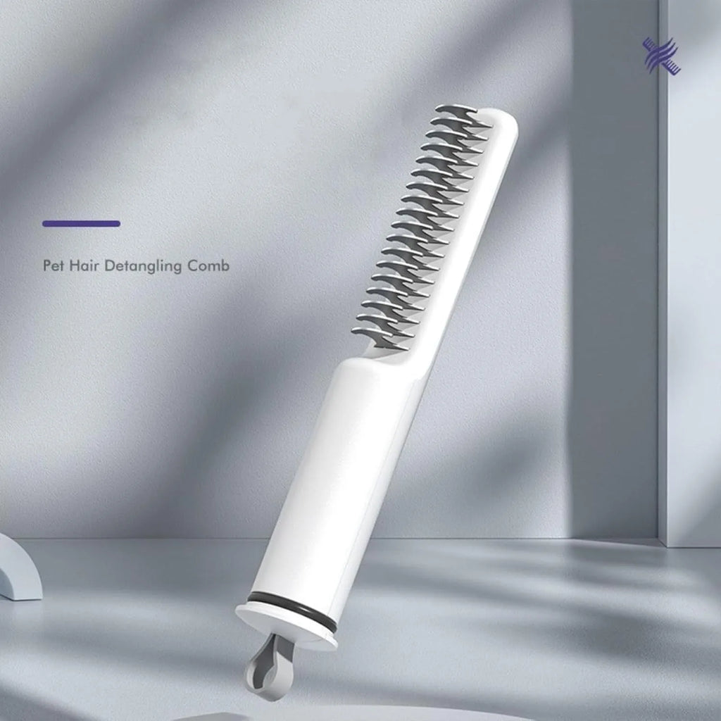 Stainless steel pet dematting comb with user-friendly handle on a pink background.