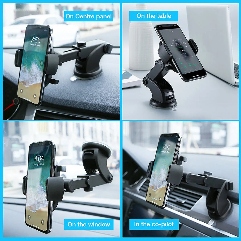 Yellow and black telescopic car phone holder with suction cup mount extended on dashboard