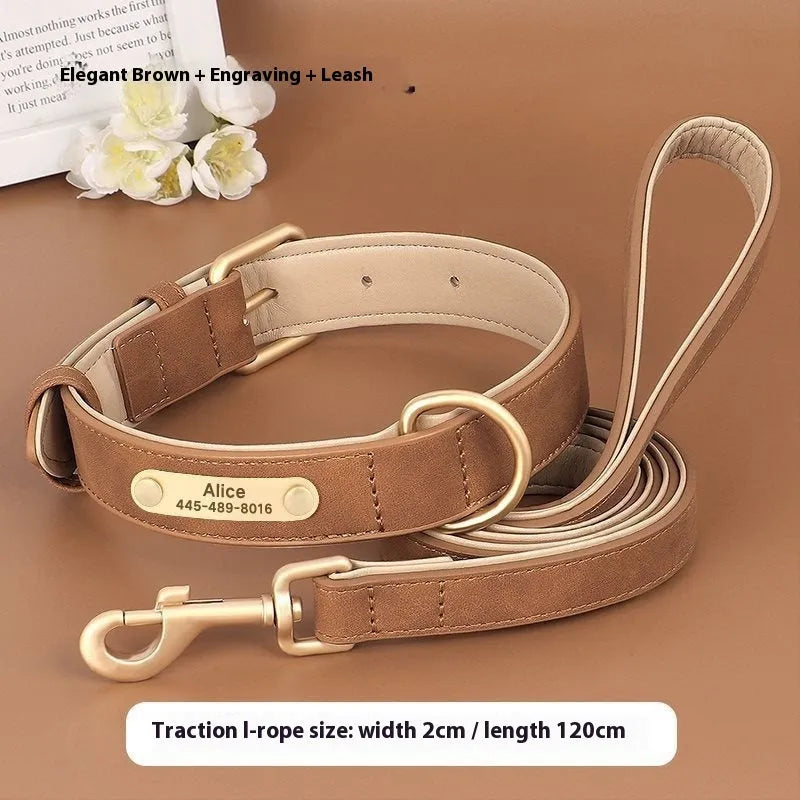 Double-layer brown leather dog collar with a matching lead on a grey background, showing the buckle and clip.