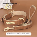 Double-layer brown leather dog collar with a matching lead on a grey background, showing the buckle and clip.