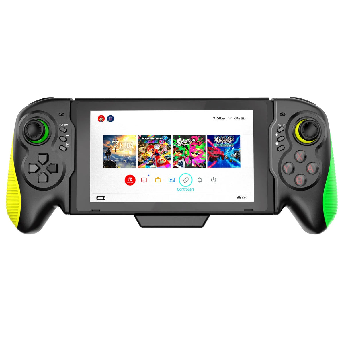 Yellow-green game controller with in-line handles for Nintendo Switch and Windows PC compatibility