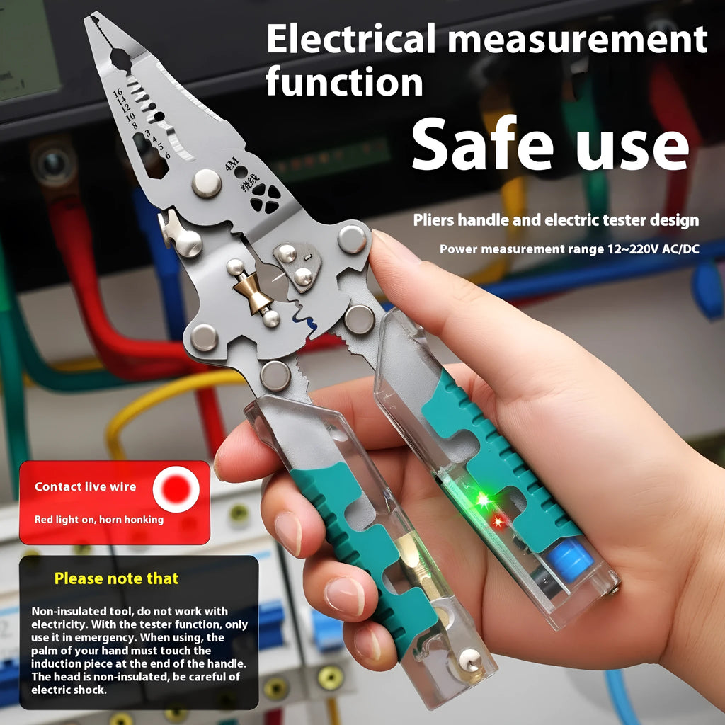 8.8-inch black handled electricians' pointed pliers with integrated wire stripper jaws