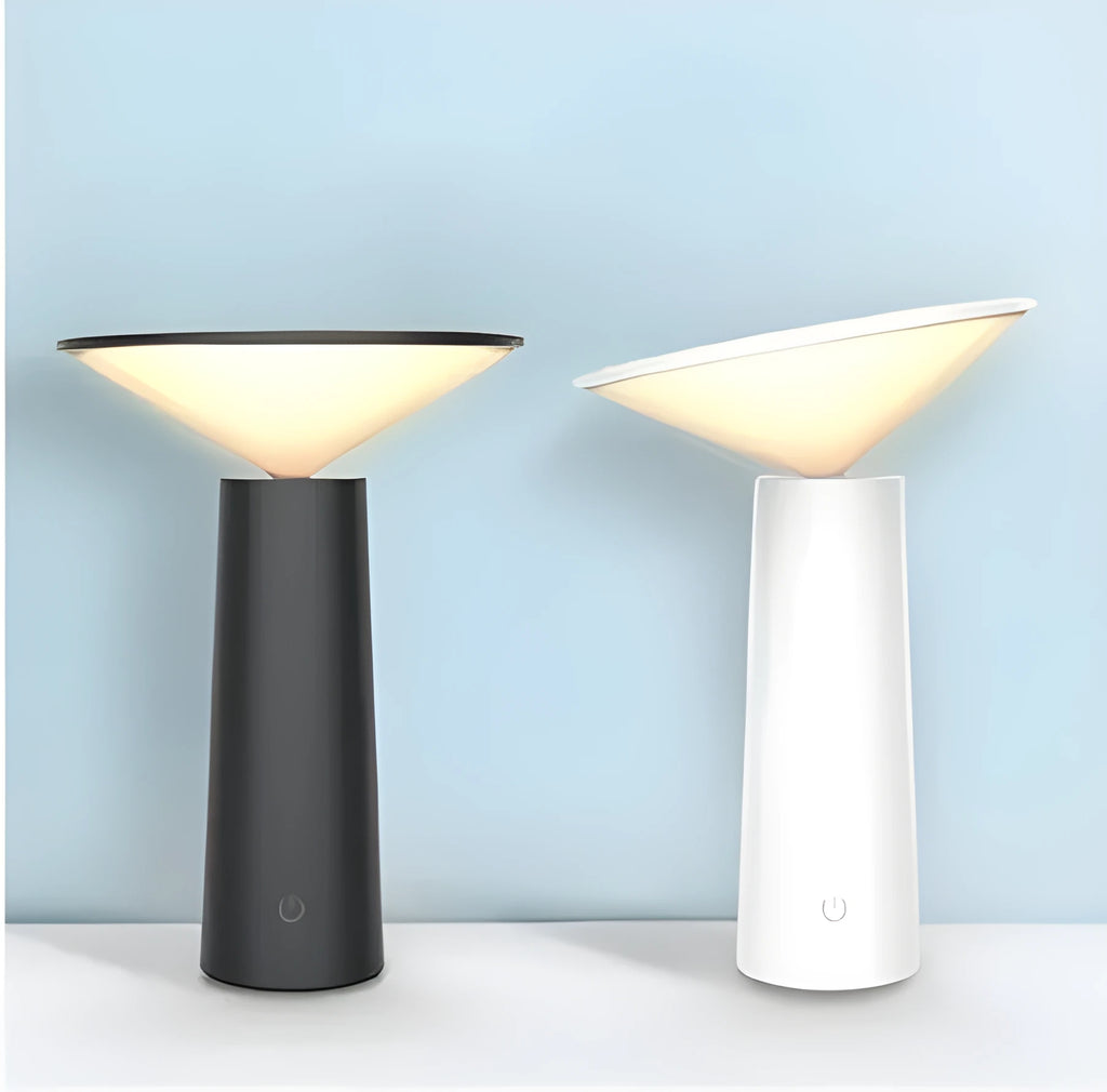 Black USB rechargeable LED desk lamp with touch controls and an adjustable lamp head on a wooden desk