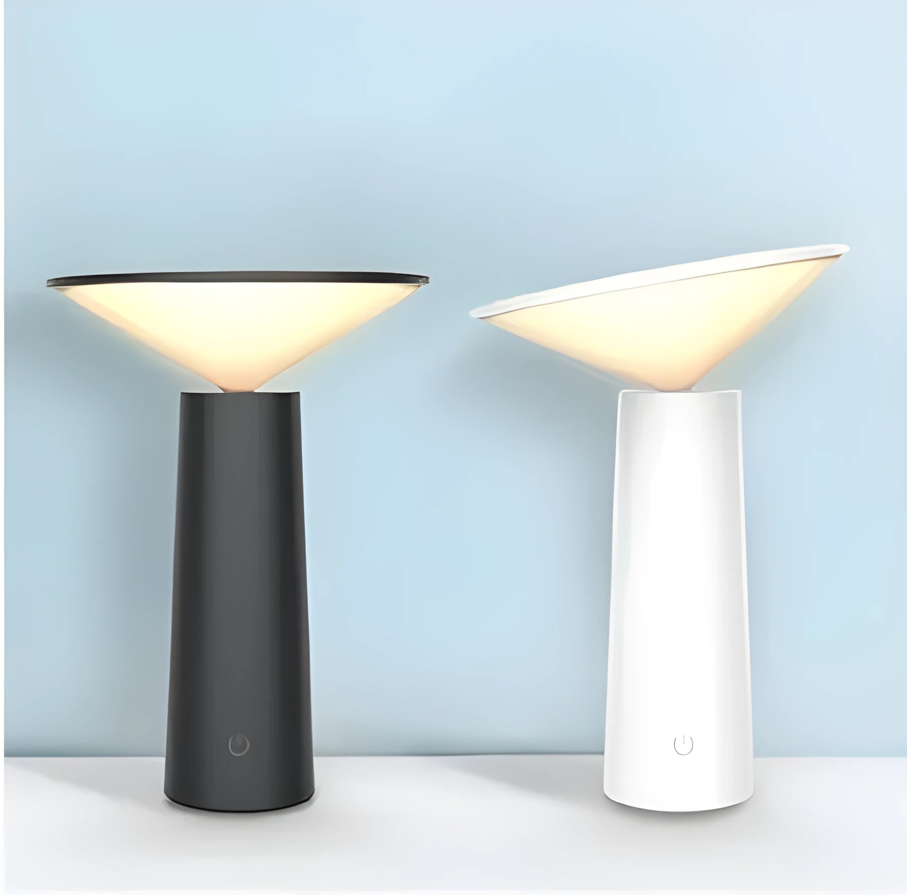 Black USB rechargeable LED desk lamp with touch controls and an adjustable lamp head on a wooden desk
