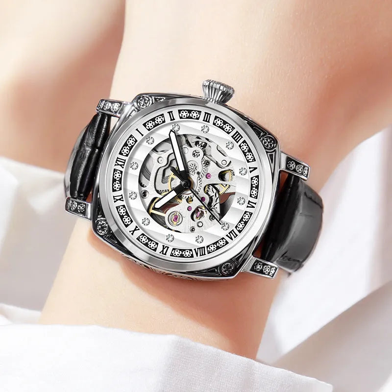 Men's mechanical watch with luminous hands and leather band, waterproof to 10 metres, showing four colour options