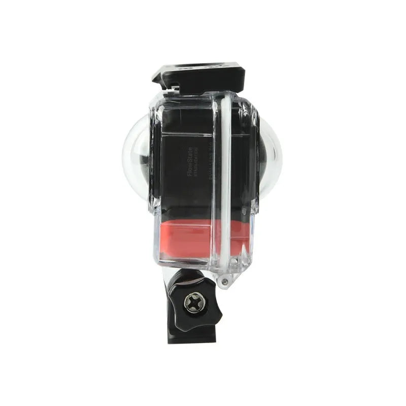 Transparent waterproof case for Insta360 One RS panoramic camera showing dimensions