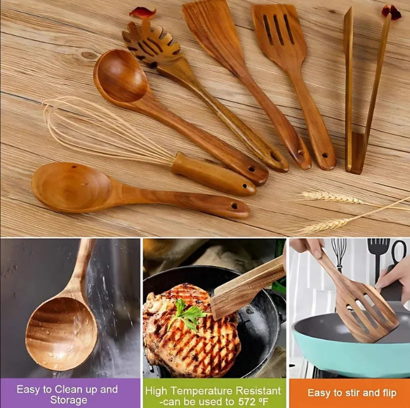 Wooden cooking utensils 7-piece set with non-slip handles for non-stick pans