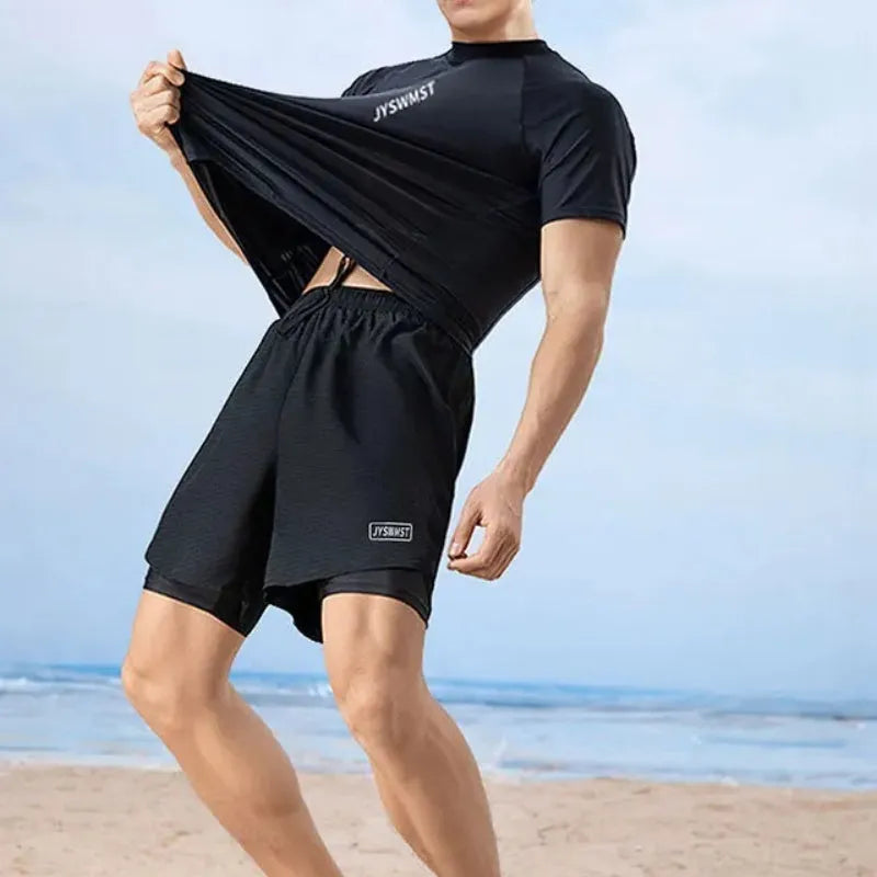 Men's polyester swimsuit set with matching top and trunks in plus sizes