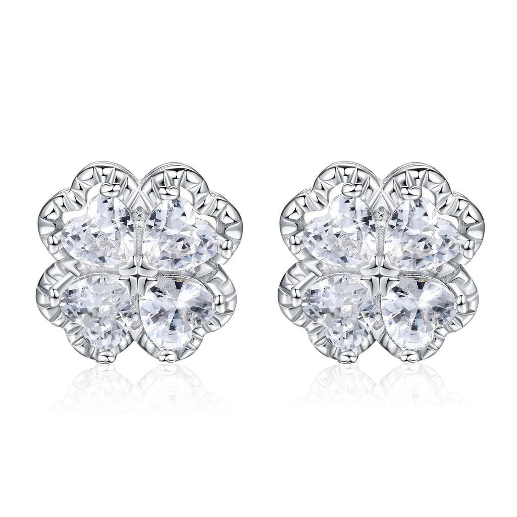 925 silver zircon four-leaf clover heart earrings white gold colour women's jewellery