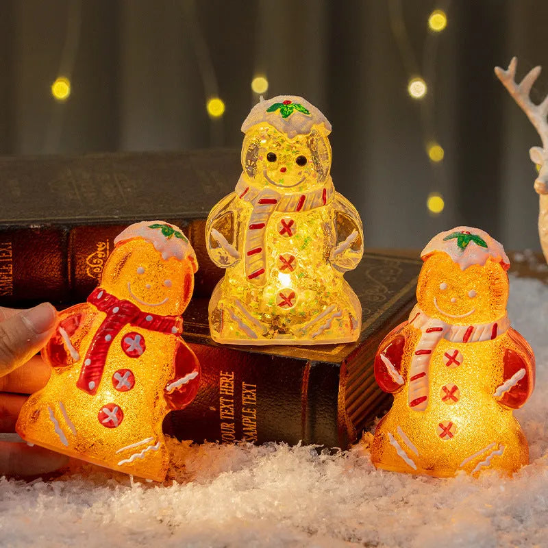 Glowing plastic gingerbread man Christmas ornament with LED light and a red scarf, modern simple style.