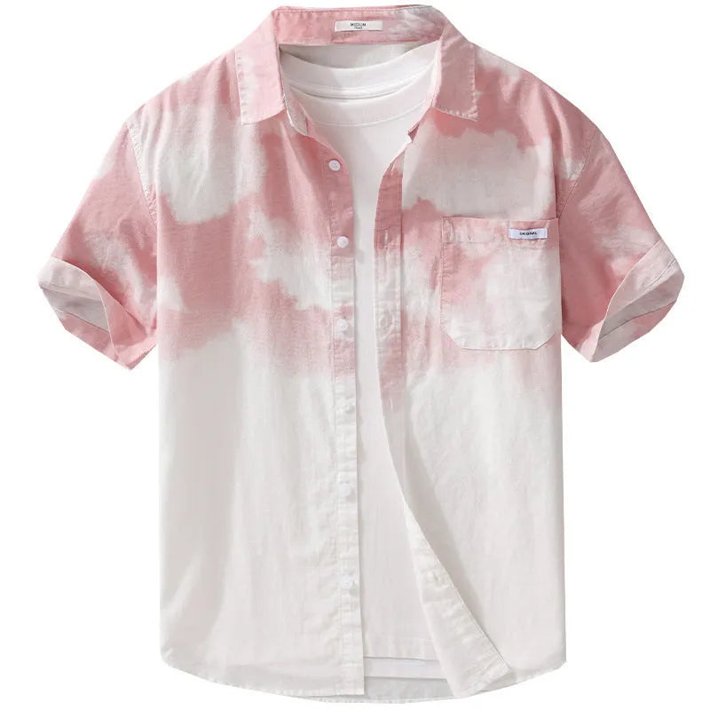 Men's light pink pure cotton short-sleeved shirt with loose cardigan-style fit