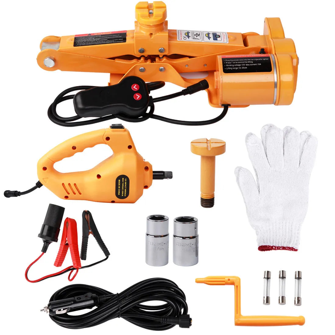 Yellow electric car jack set with wrench in carrying case for roadside tyre changes
