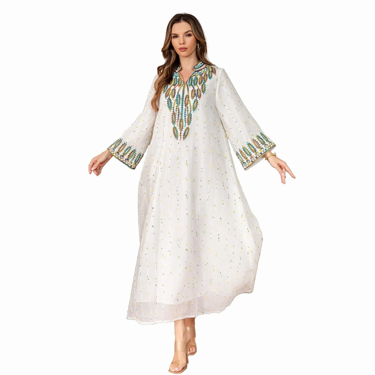 White Dubai-style Arabic robe with long sleeves and skirt in polyester fabric