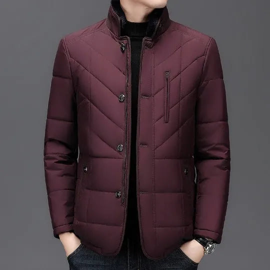 Men's solid-colour short winter padded coat with side seam pockets, shown in dark blue.