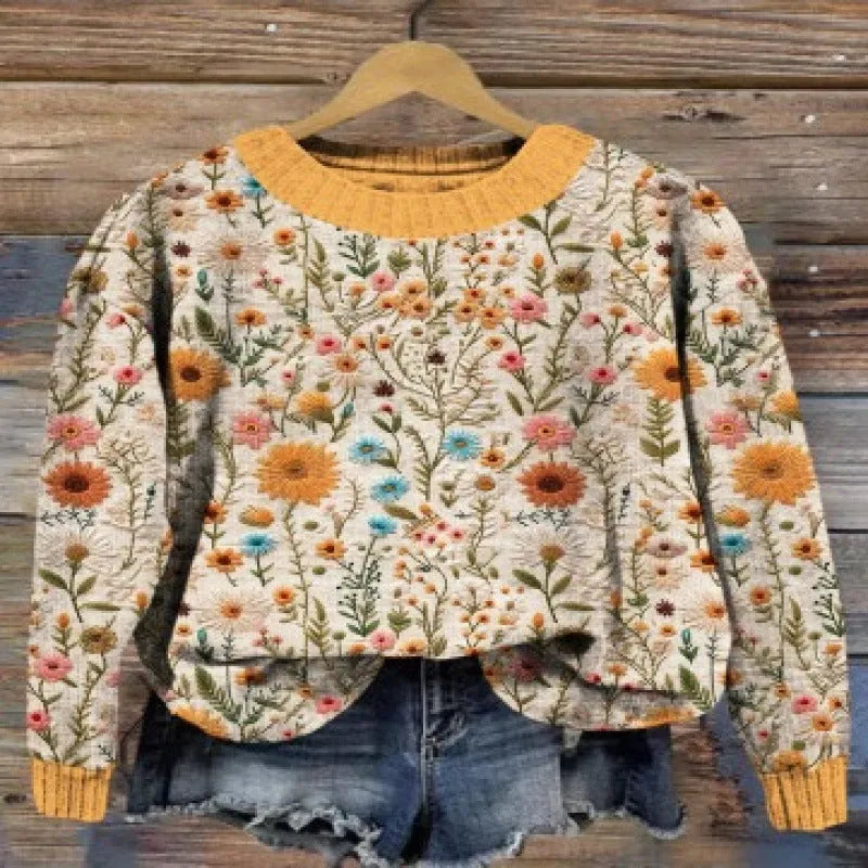Little Flower digital printed round neck sweater with floral pattern in polyester fibre