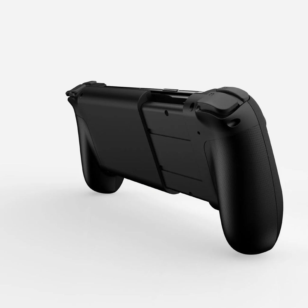 Black Bluetooth mobile game controller with telescopic arms stretched open, ready to hold a smartphone.
