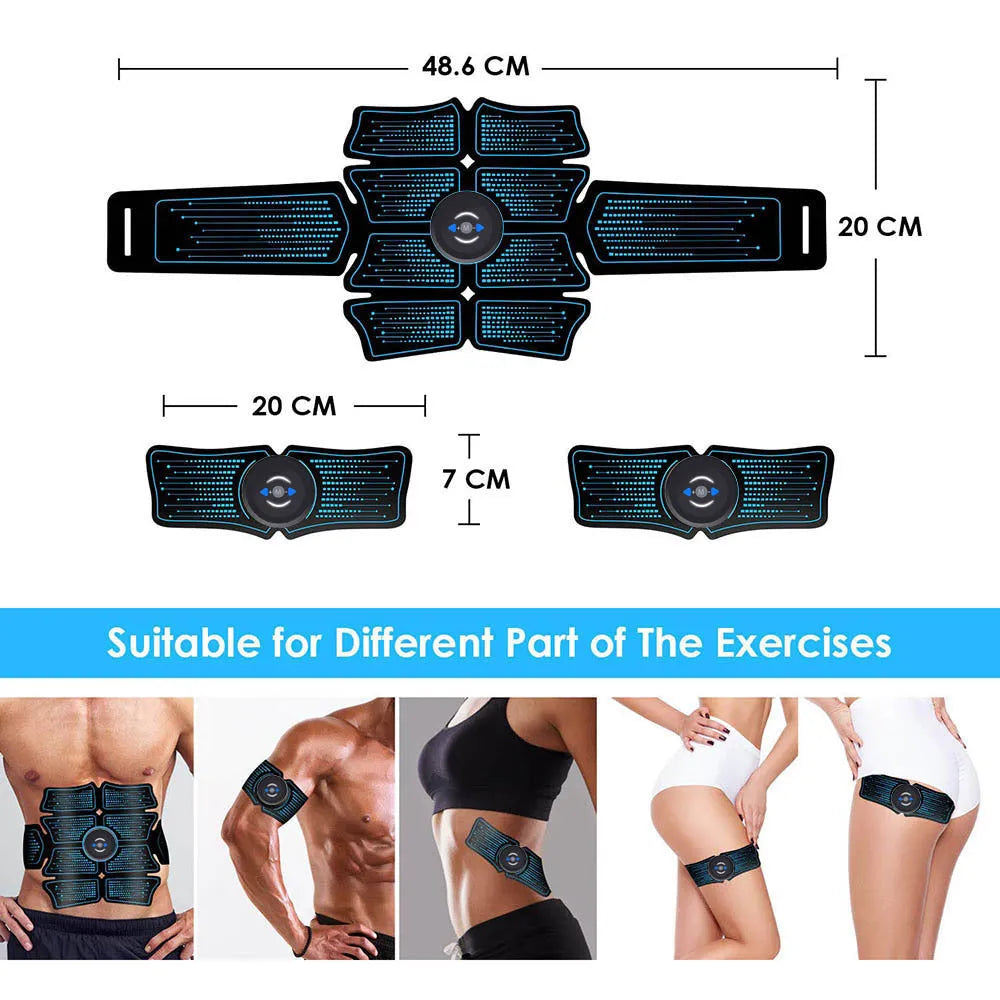 EMS abdominal muscle stimulator belly belt with 6 modes, 10 frequencies, 3 controllers, and USB charging cable