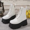 Women's white retro patchwork mid-calf boots with chunky platform heel and side zipper.