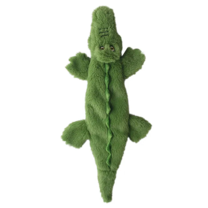 Green crocodile-shaped plush dog chew toy with no-stuffing construction