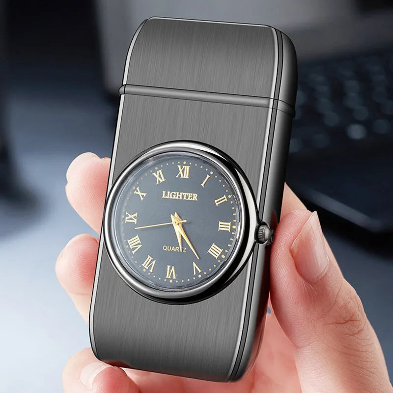 Metal electronic watch cigarette lighter with LED flashing lamp in black brushed finish