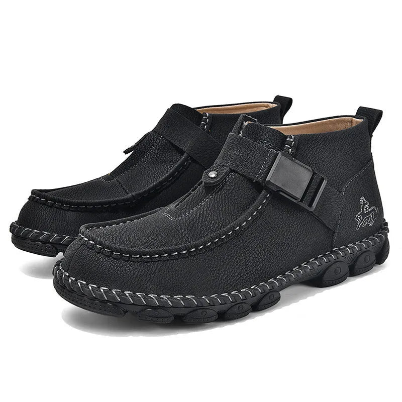 Men's black handmade stitched PU leather casual slip-on loafers with a flat sole.
