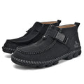 Men's black handmade stitched PU leather casual slip-on loafers with a flat sole.