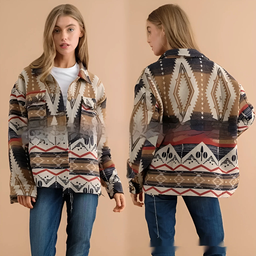 Women's retro Aztec print woolen jacket in army green, shown on a model with a loose fit and long sleeves.