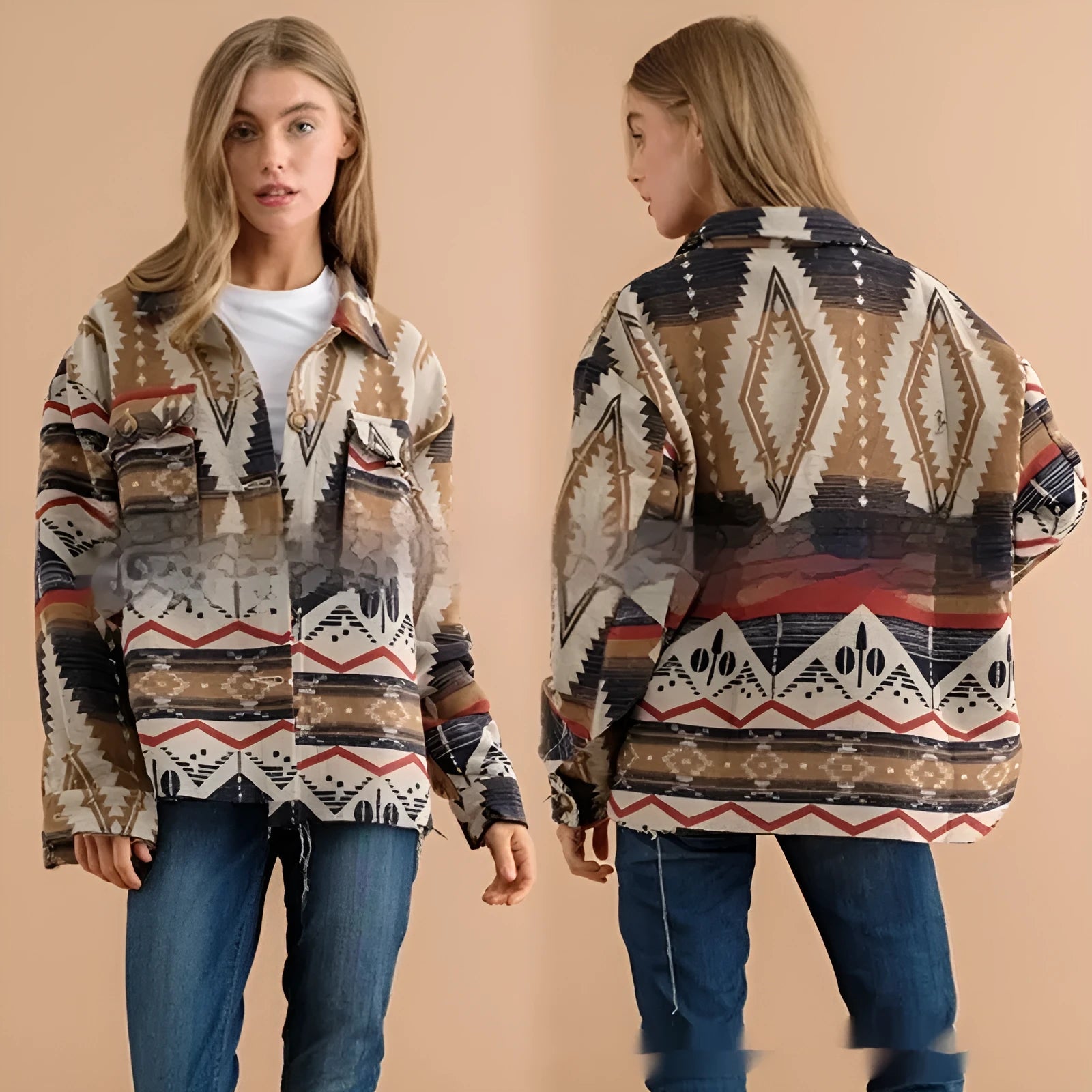 Women's retro Aztec print woolen jacket in army green, shown on a model with a loose fit and long sleeves.