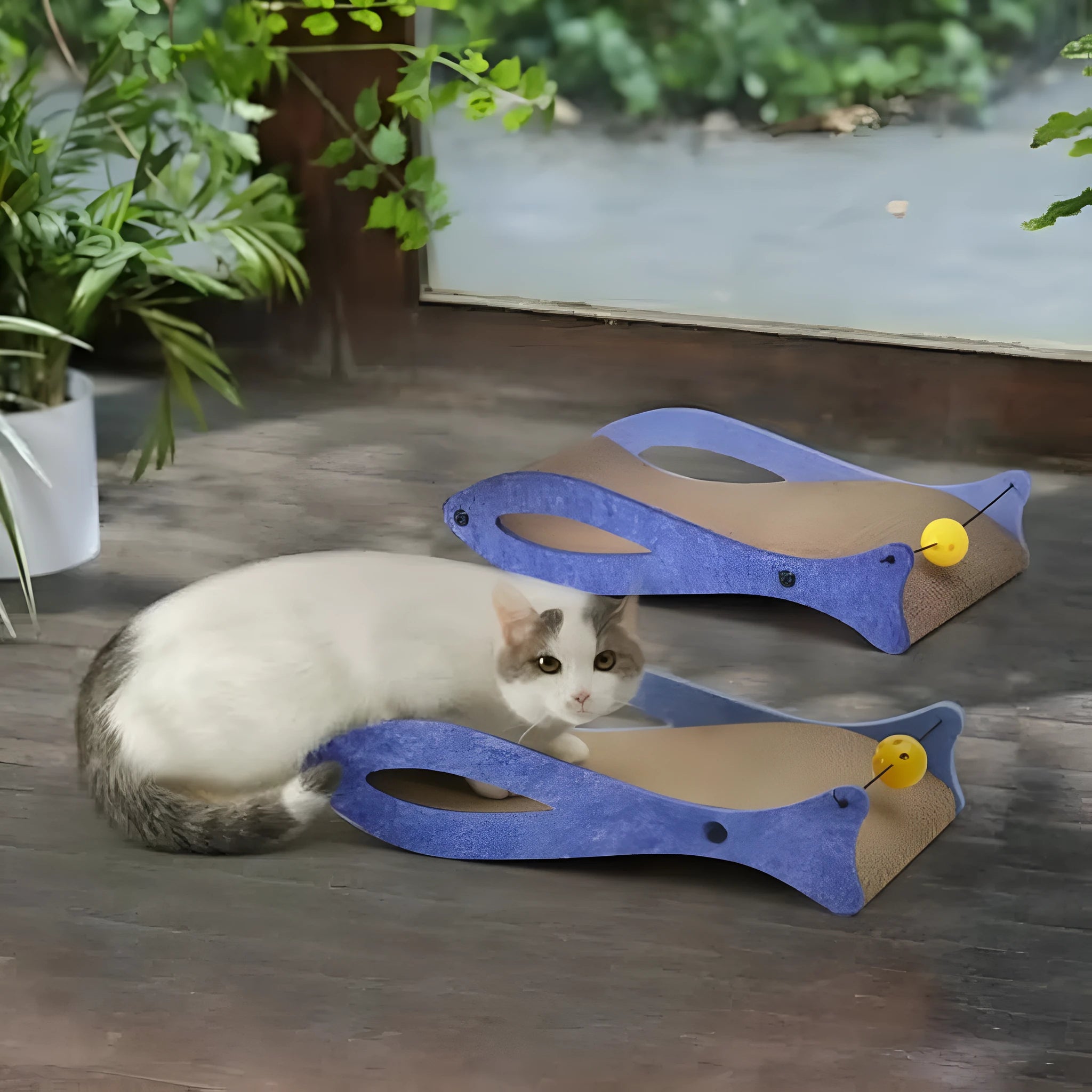 Blue fish shaped cardboard cat scratcher with bell ball toys on elastic cord, measuring 46cm long