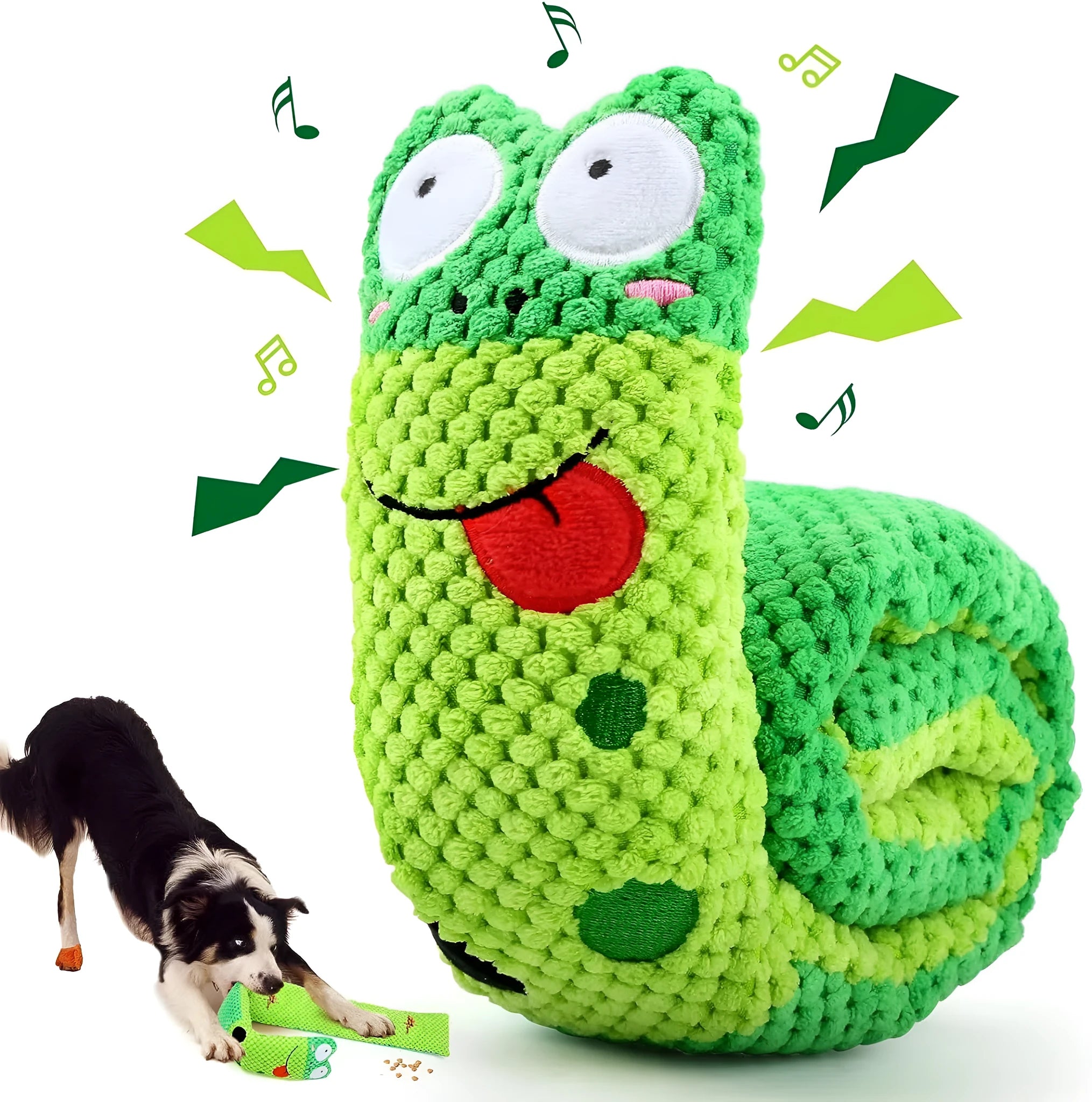 Thick velvet dog puzzle toy that transforms between snail and stick shapes with hidden food holes