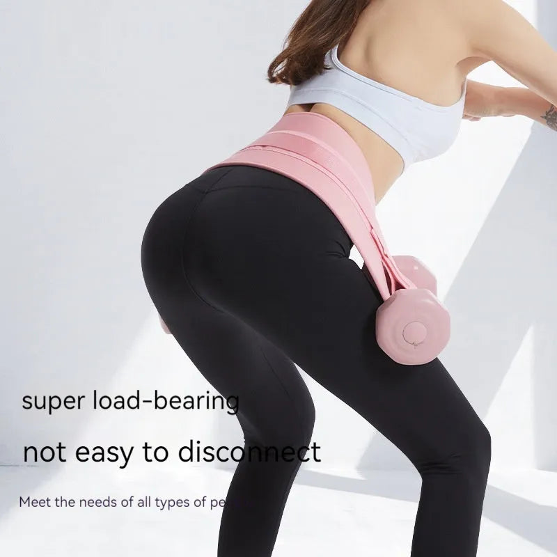 Black adjustable fitness belt with metal buckle for weighted hip bridge exercises