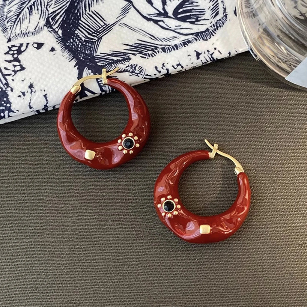 Retro Hong Kong style alloy ear studs with rhinestone inlay in black and red colour options